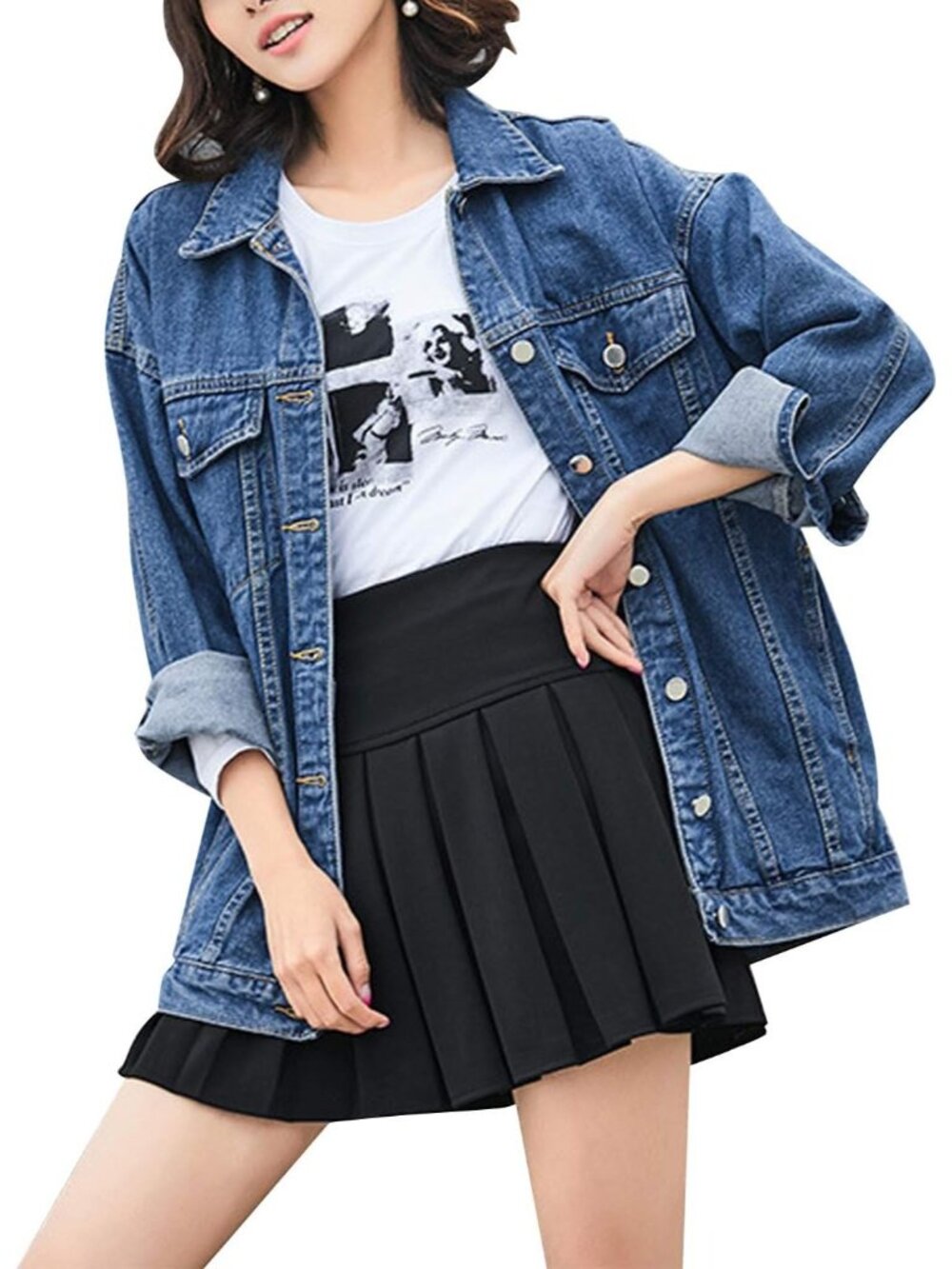 〽️ Women’s Dark Blue Button Down Oversized Long Casual Coat Denim Jeans Jacket